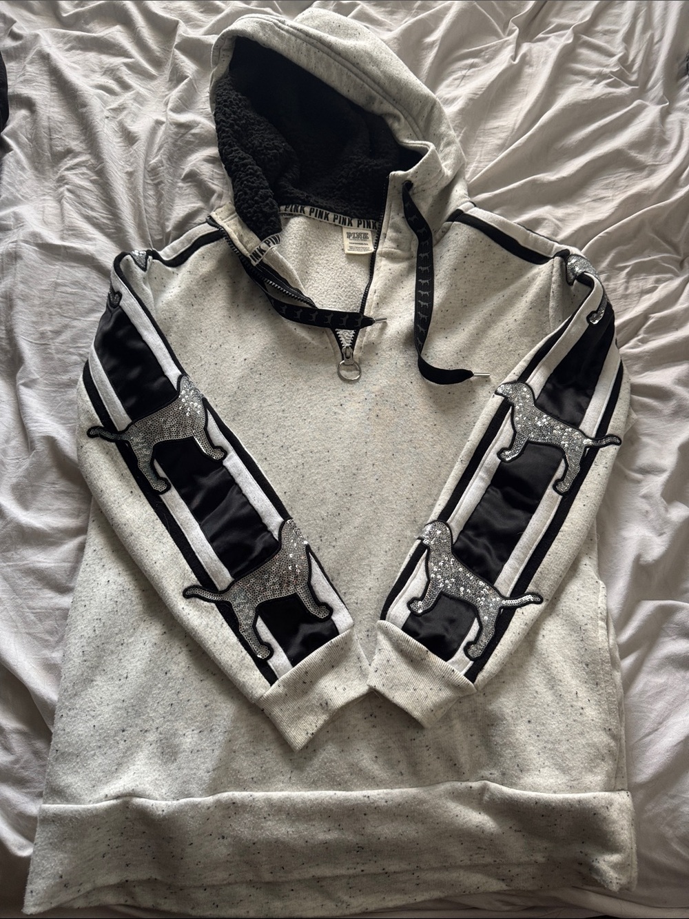 PINK Victoria's Secret Speckled Light Gray Hoodie with Embellished Dog Stripe